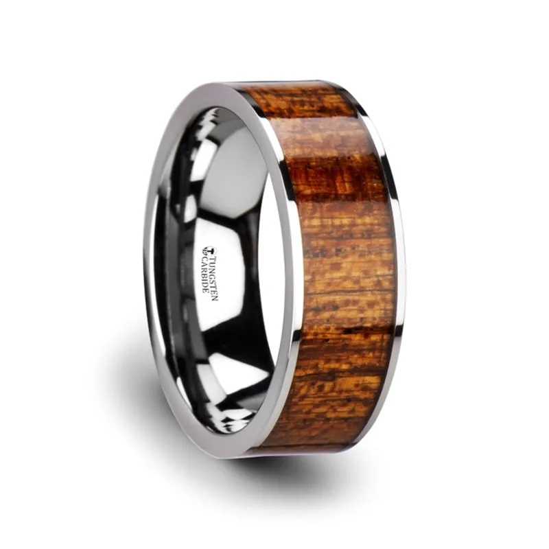 Thorsten Bolo Flat Tungsten Carbide Band w/ Exotic Mahogany Hard Wood Inlay & Polished Edges (8mm) W3757-MHWI