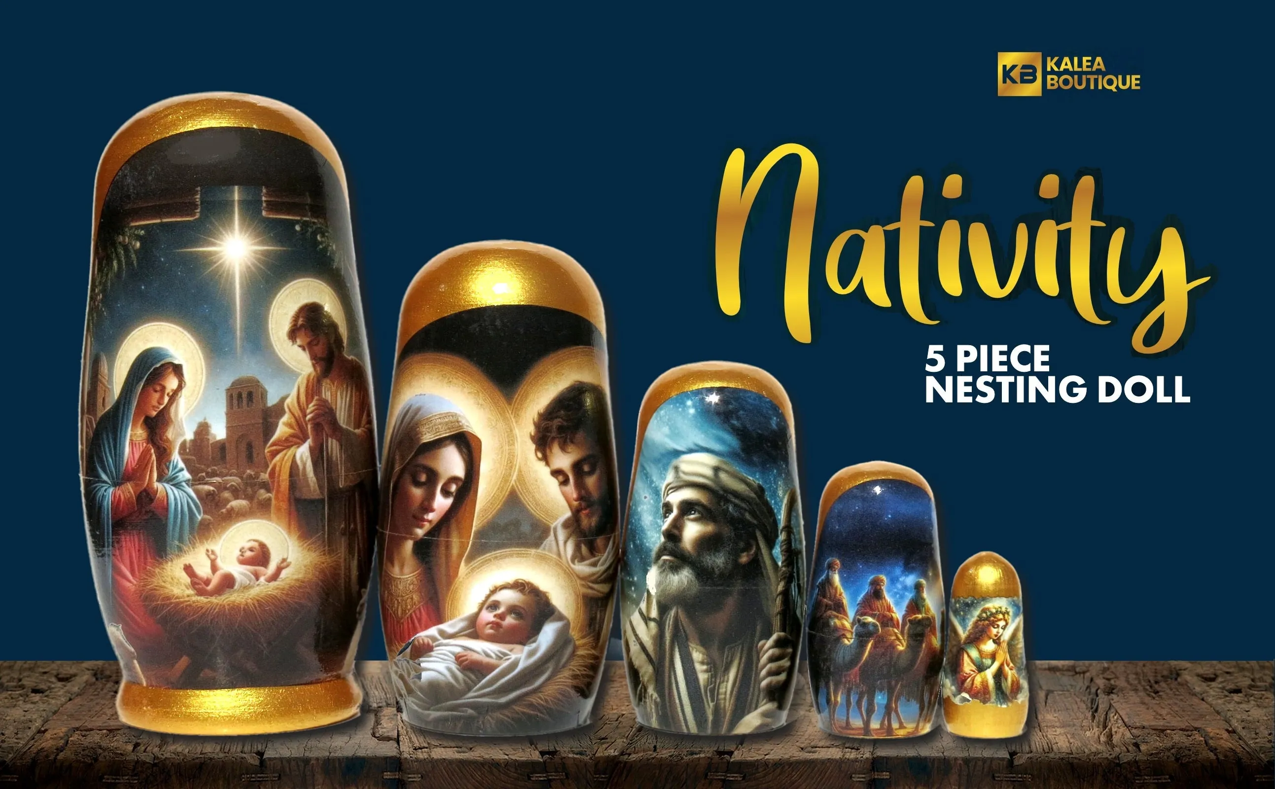 Traditional Impressionism Style Nativity Nesting Doll, 5 Piece Hand Crafted Nested Doll