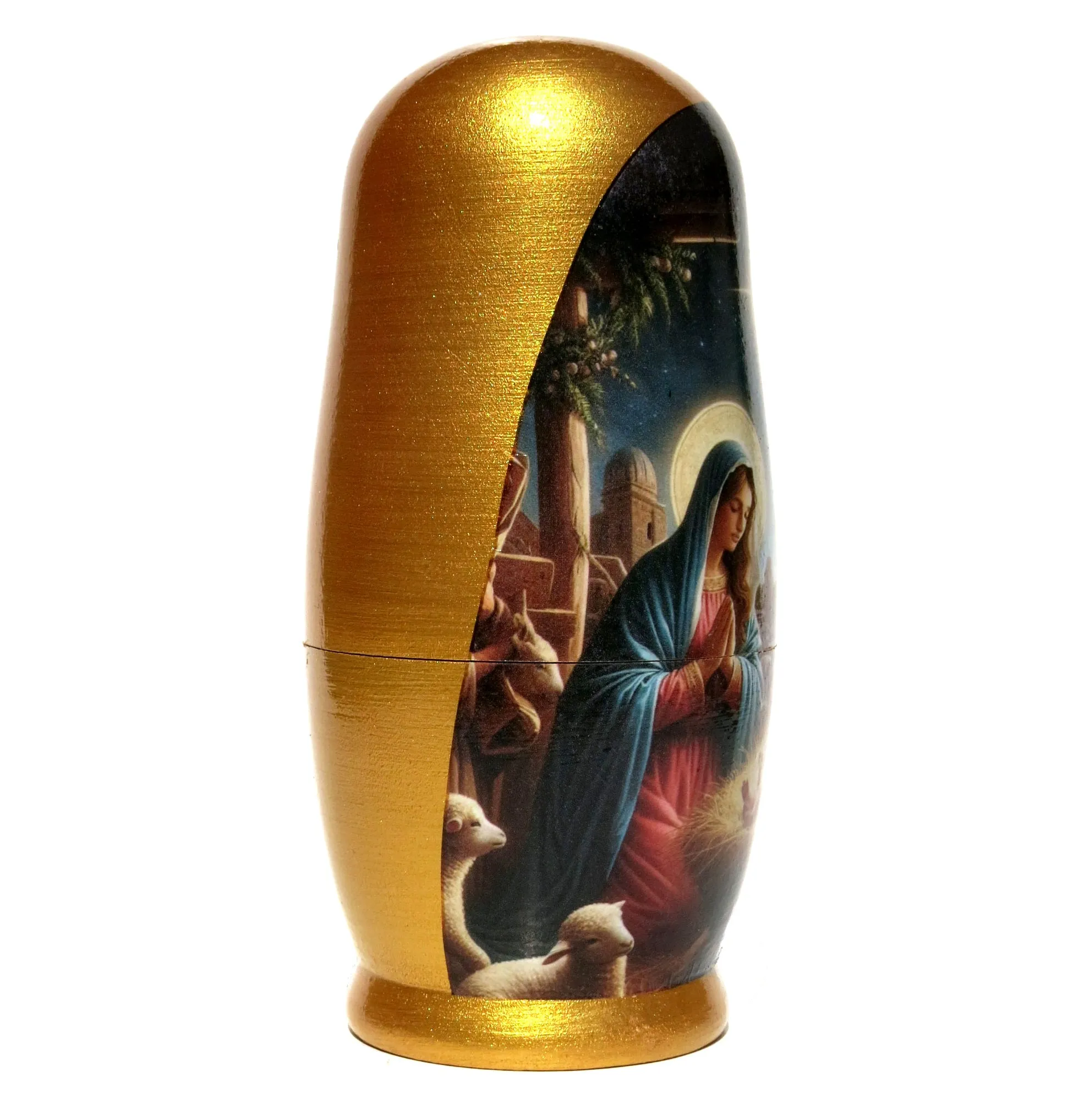 Traditional Impressionism Style Nativity Nesting Doll, 5 Piece Hand Crafted Nested Doll