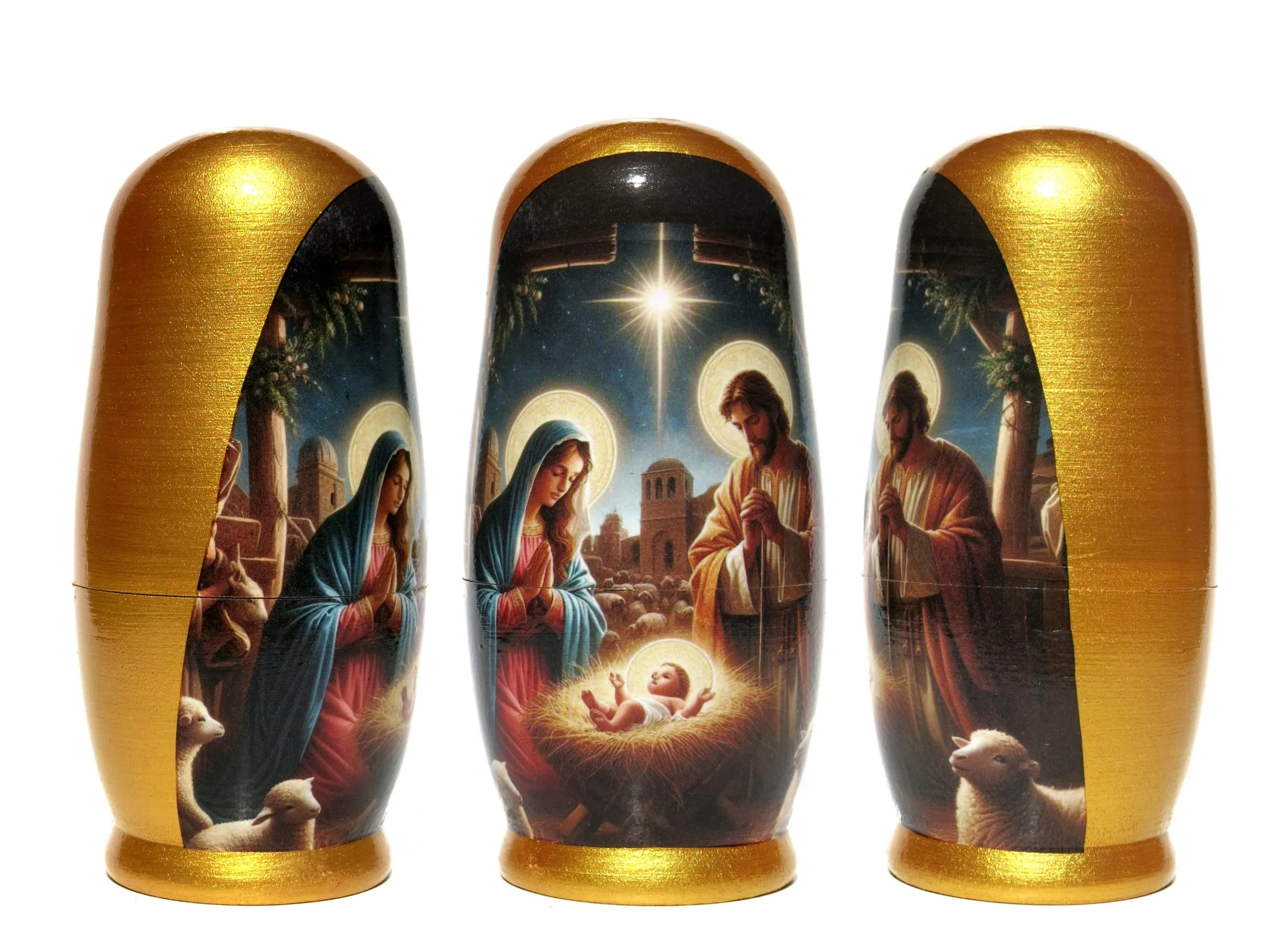 Traditional Impressionism Style Nativity Nesting Doll, 5 Piece Hand Crafted Nested Doll