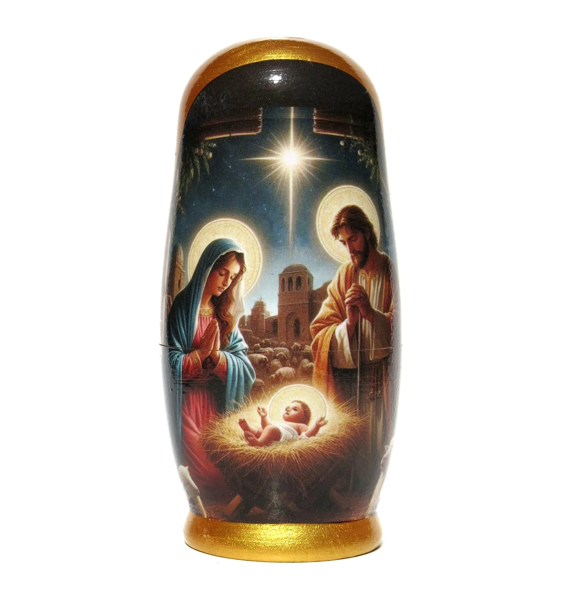 Traditional Impressionism Style Nativity Nesting Doll, 5 Piece Hand Crafted Nested Doll