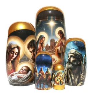 Traditional Impressionism Style Nativity Nesting Doll, 5 Piece Hand Crafted Nested Doll