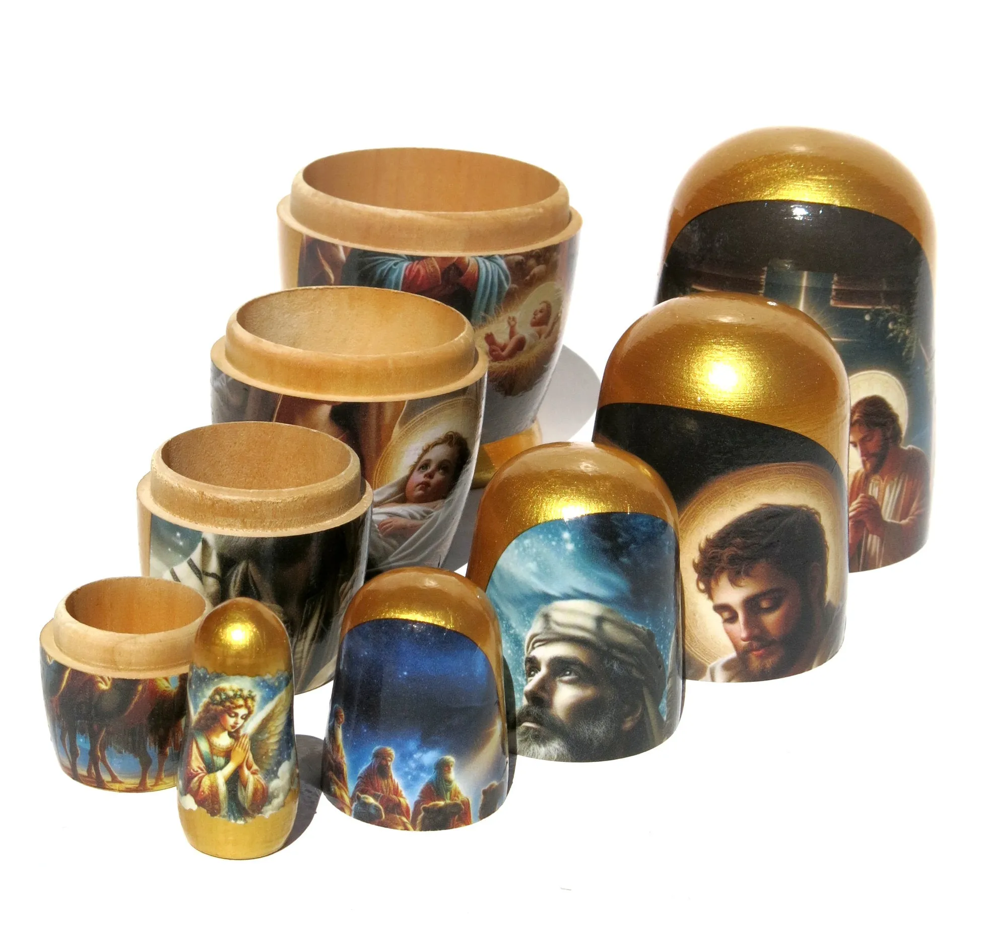 Traditional Impressionism Style Nativity Nesting Doll, 5 Piece Hand Crafted Nested Doll