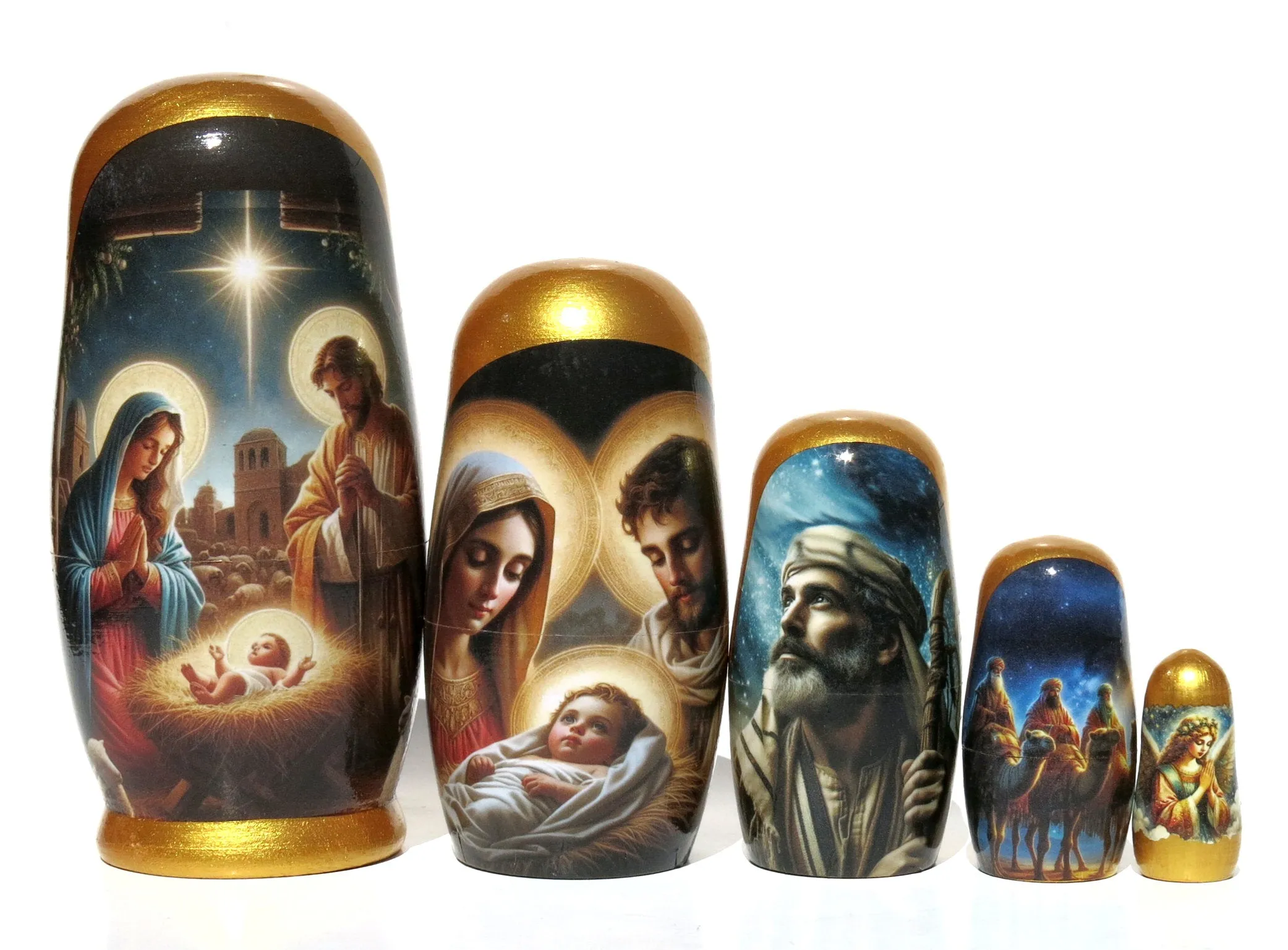 Traditional Impressionism Style Nativity Nesting Doll, 5 Piece Hand Crafted Nested Doll