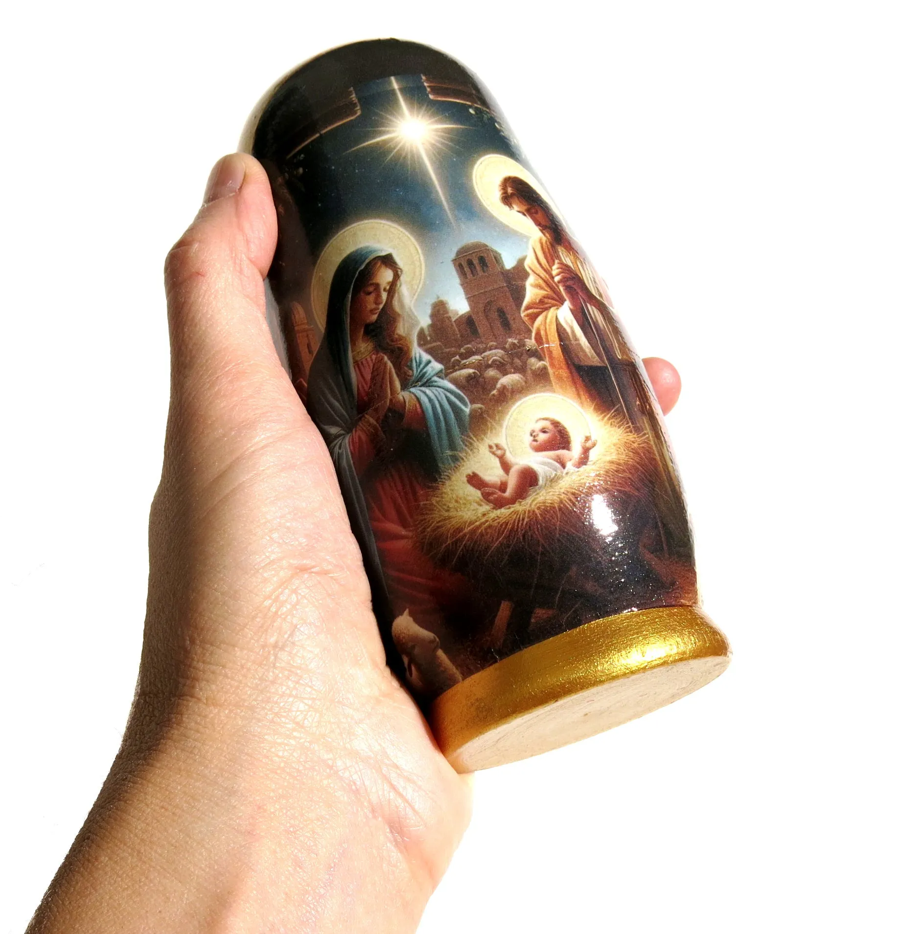 Traditional Impressionism Style Nativity Nesting Doll, 5 Piece Hand Crafted Nested Doll