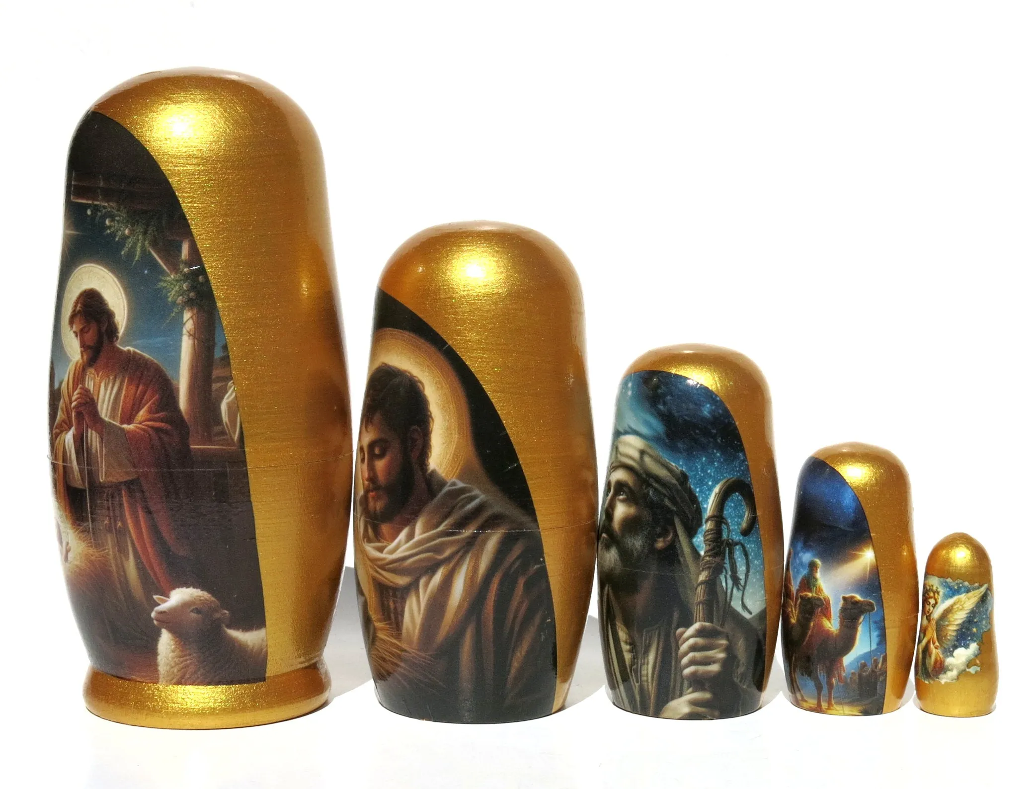 Traditional Impressionism Style Nativity Nesting Doll, 5 Piece Hand Crafted Nested Doll