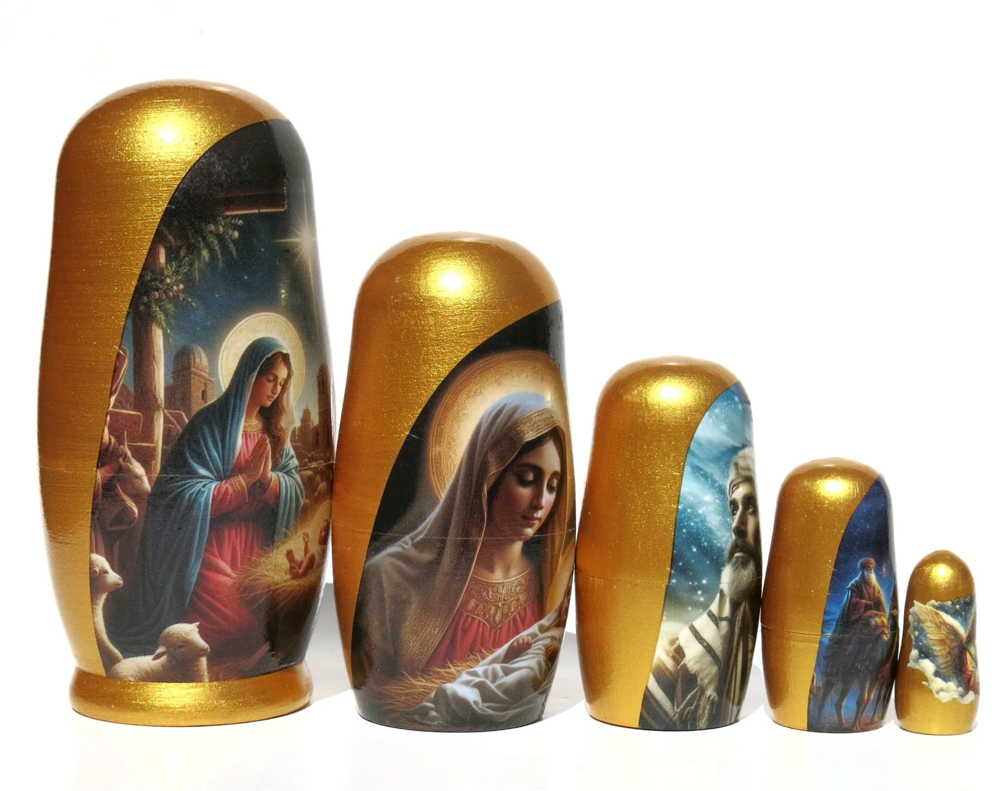 Traditional Impressionism Style Nativity Nesting Doll, 5 Piece Hand Crafted Nested Doll