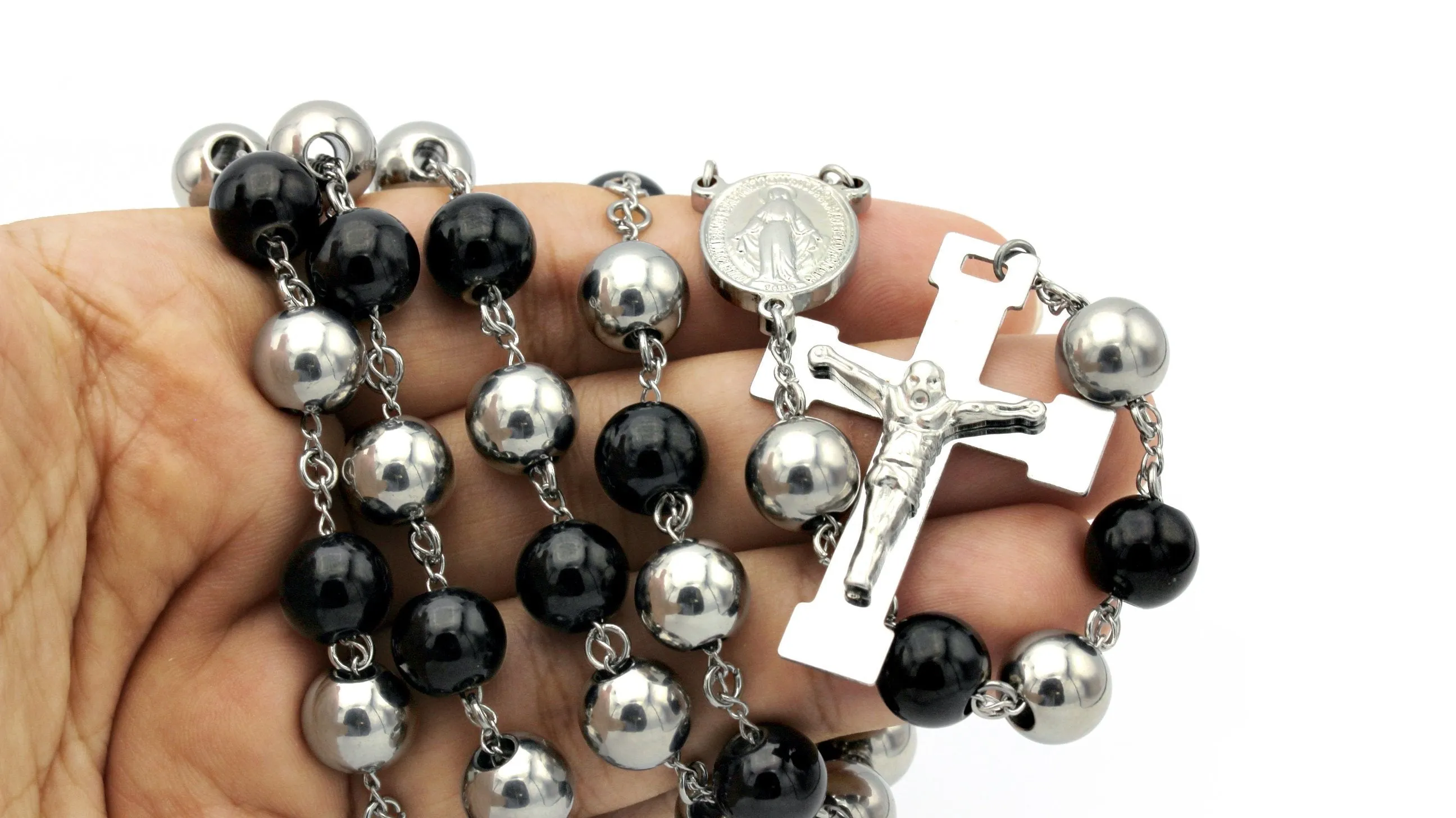 Traditional Rosary Necklace Five Decade Silver Black Catholic Prayer Beads 10 mm
