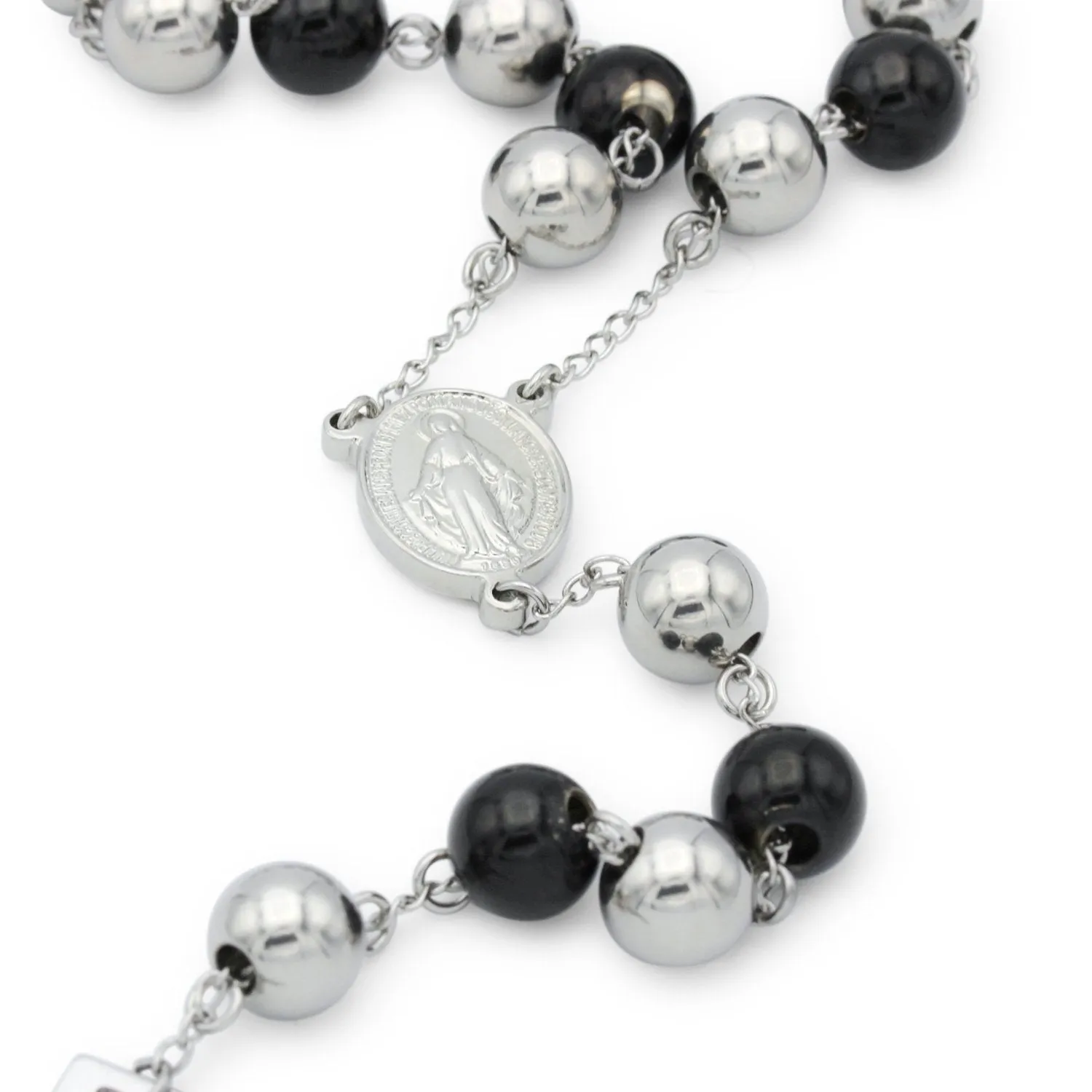 Traditional Rosary Necklace Five Decade Silver Black Catholic Prayer Beads 10 mm