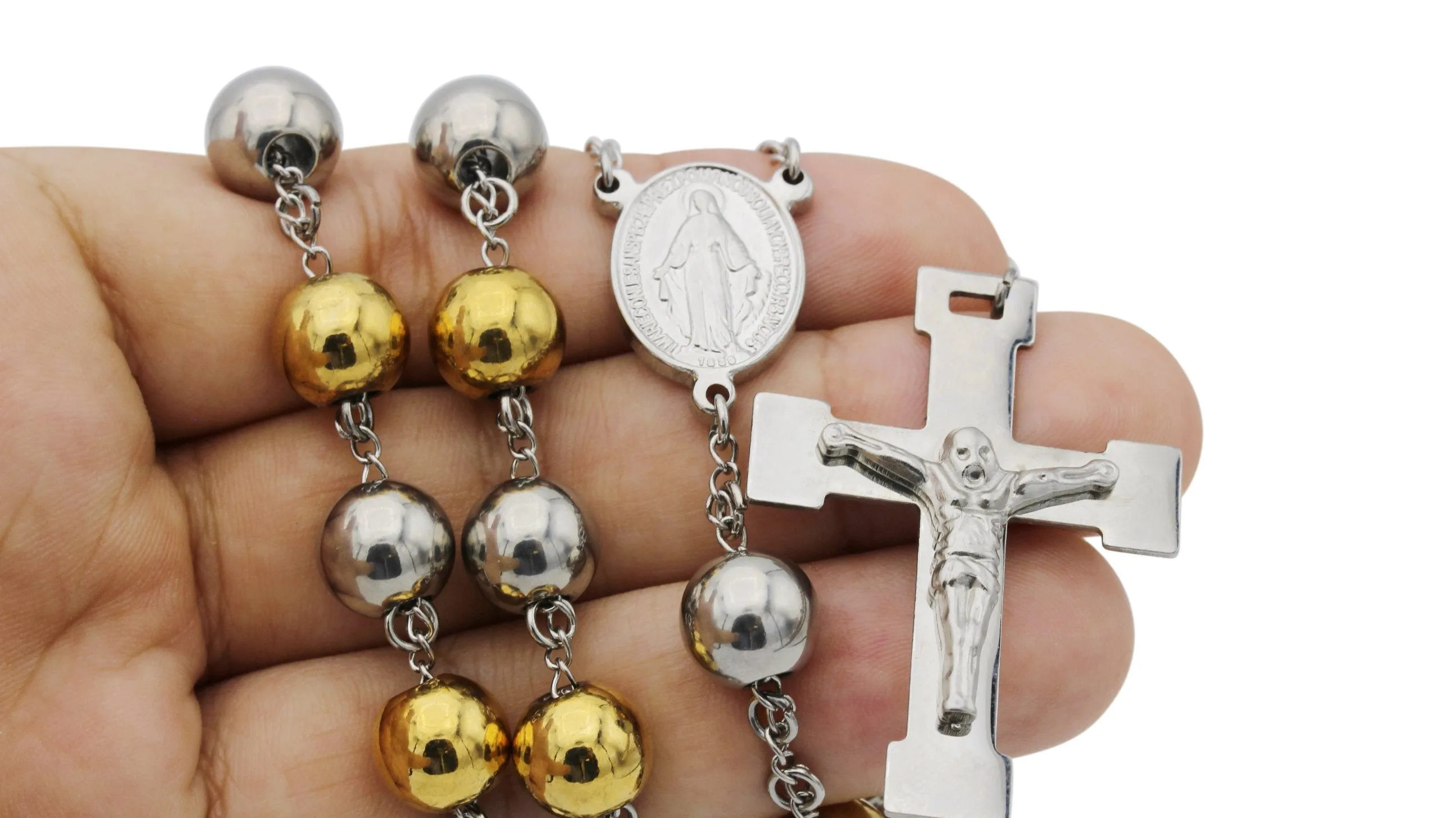Traditional Rosary Necklace Five Decade Silver Gold Catholic Prayer Beads 10 mm