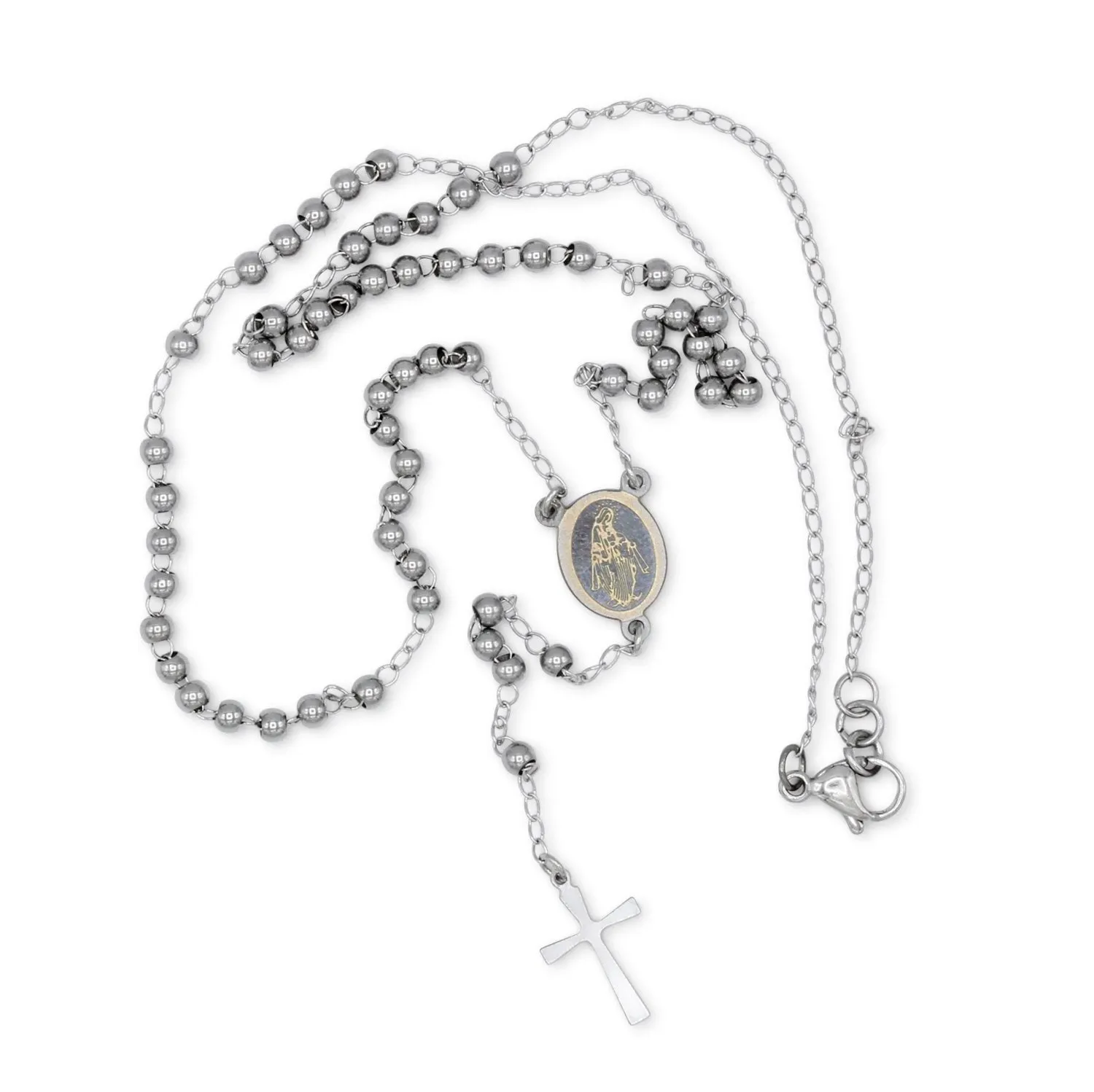 Traditional Silver Rosary Necklace Five Decade Catholic Prayer Beads 3mm