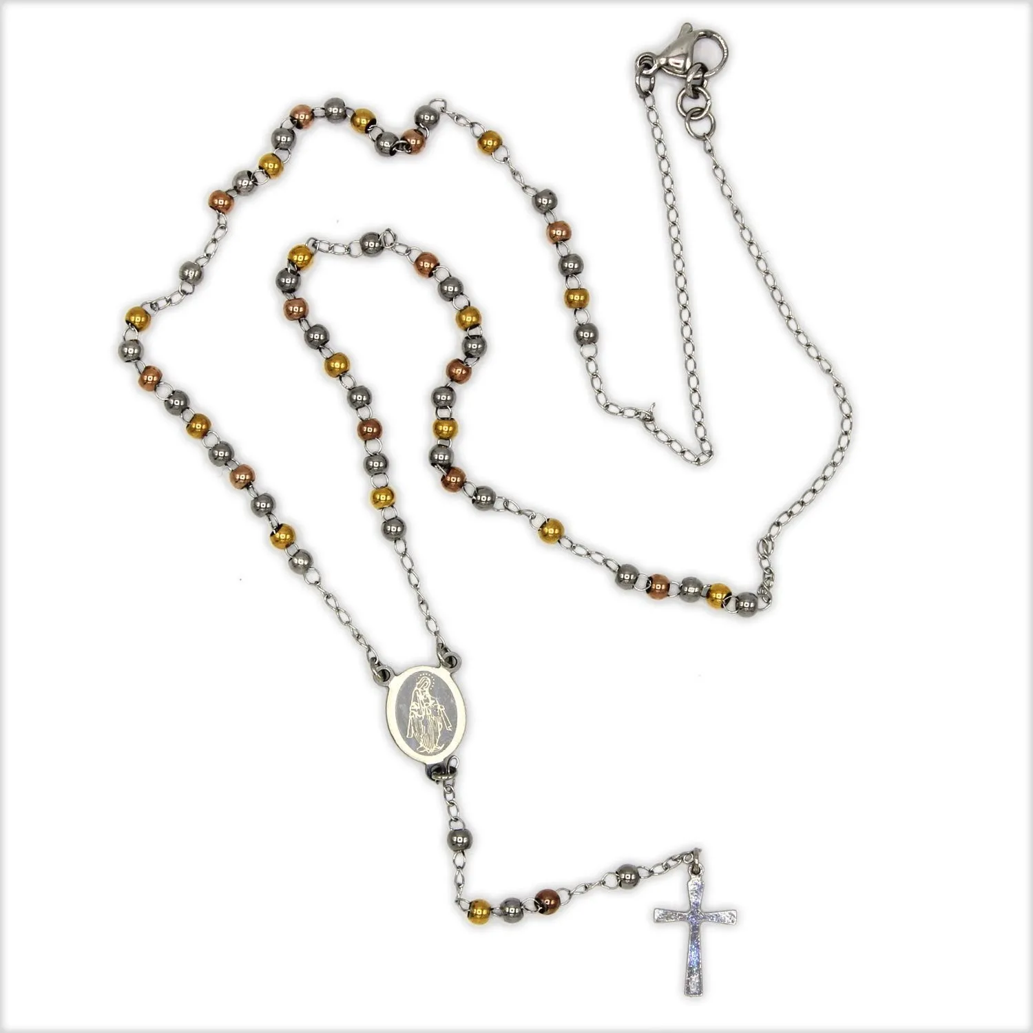 Traditional Tri Tone Rosary Necklace Five Decade Catholic Prayer Beads 3 mm