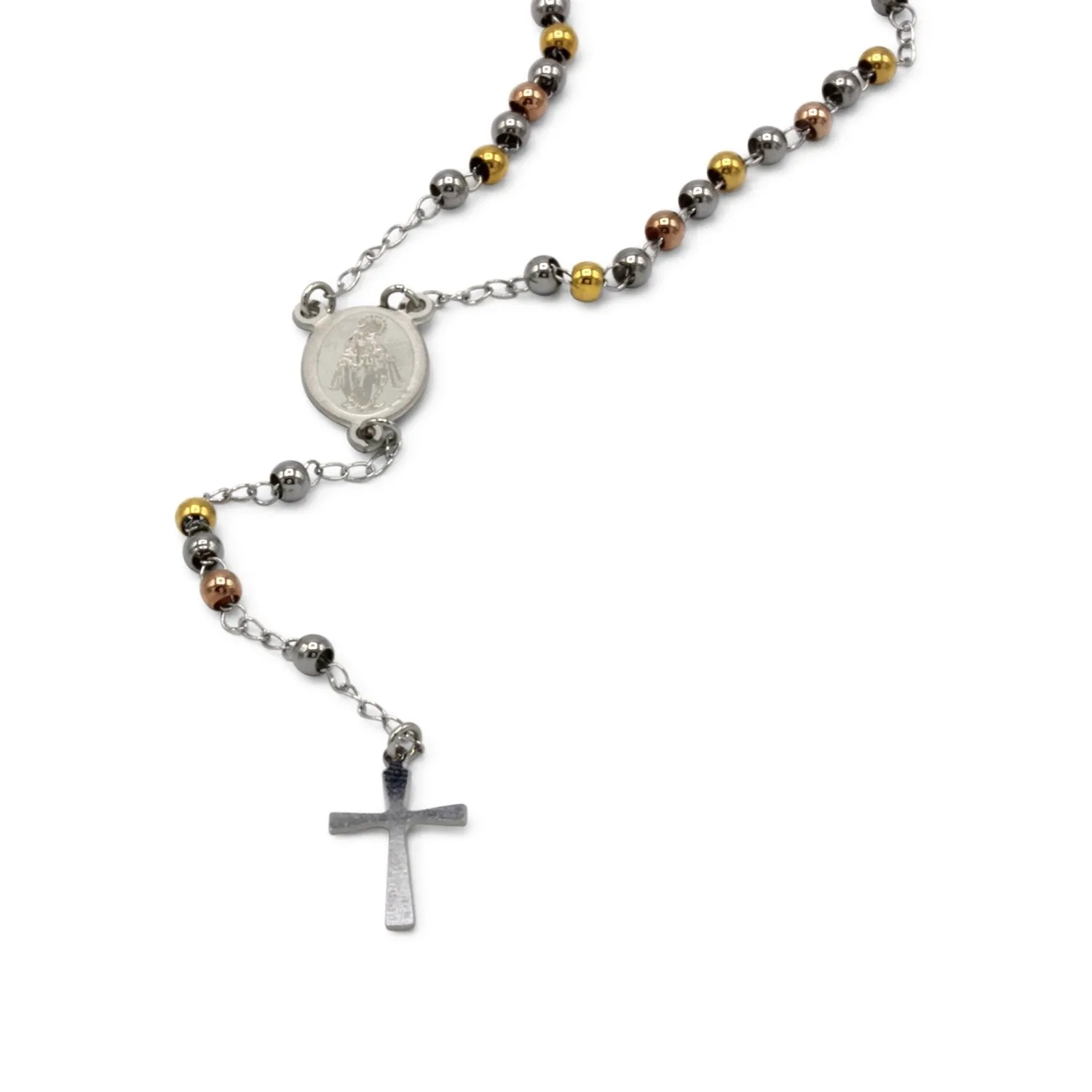 Traditional Tri Tone Rosary Necklace Five Decade Catholic Prayer Beads 3 mm