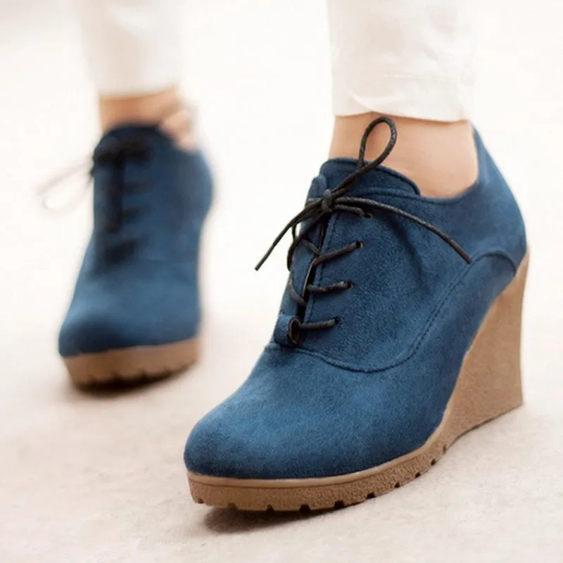 Wedges Women Boots Fashion Flock High-heeled Platform Ankle Boots Lace Up High Heels Spring Autumn Shoes For Women