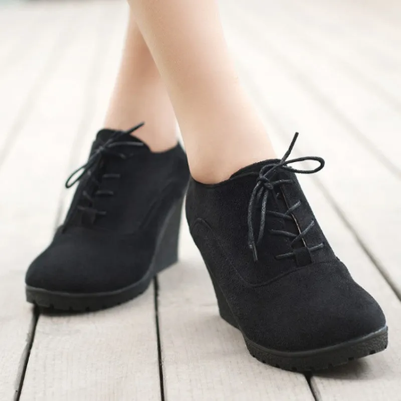 Wedges Women Boots Fashion Flock High-heeled Platform Ankle Boots Lace Up High Heels Spring Autumn Shoes For Women