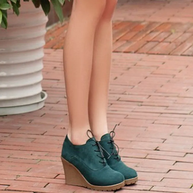 Wedges Women Boots Fashion Flock High-heeled Platform Ankle Boots Lace Up High Heels Spring Autumn Shoes For Women