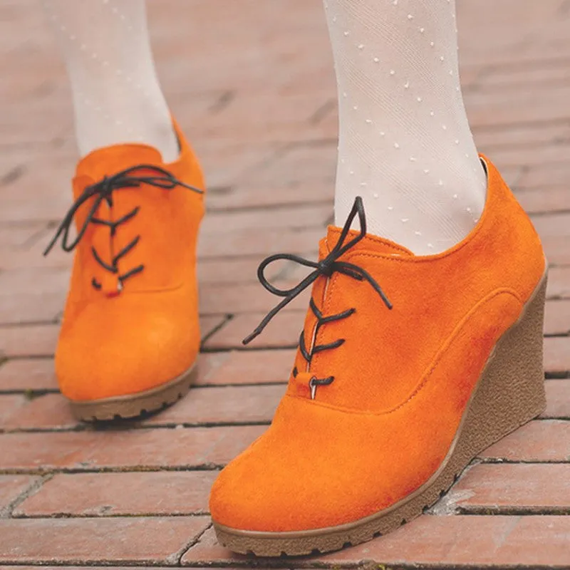 Wedges Women Boots Fashion Flock High-heeled Platform Ankle Boots Lace Up High Heels Spring Autumn Shoes For Women