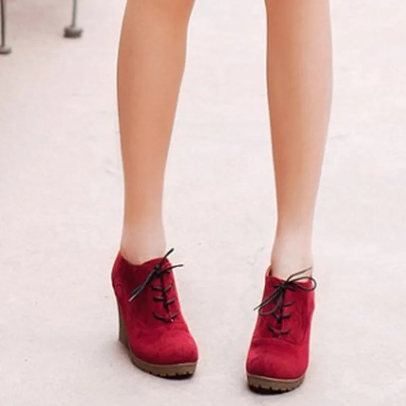 Wedges Women Boots Fashion Flock High-heeled Platform Ankle Boots Lace Up High Heels Spring Autumn Shoes For Women