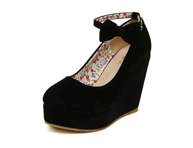 Women Fashion Buckle Ladies Shoes Wedges High Heels Platform black bow Pumps