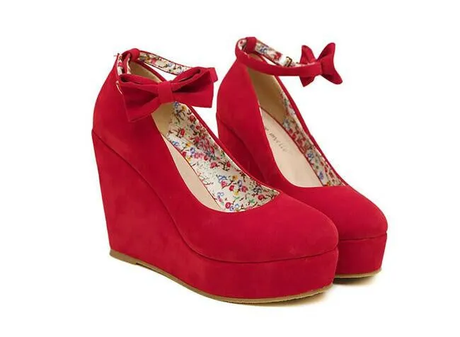 Women Fashion Buckle Ladies Shoes Wedges High Heels Platform black bow Pumps